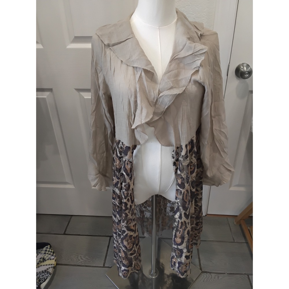 Origami by Vivien Leopard Lace Duster‎ Cardigan Tan Ruffle Open Front S/M